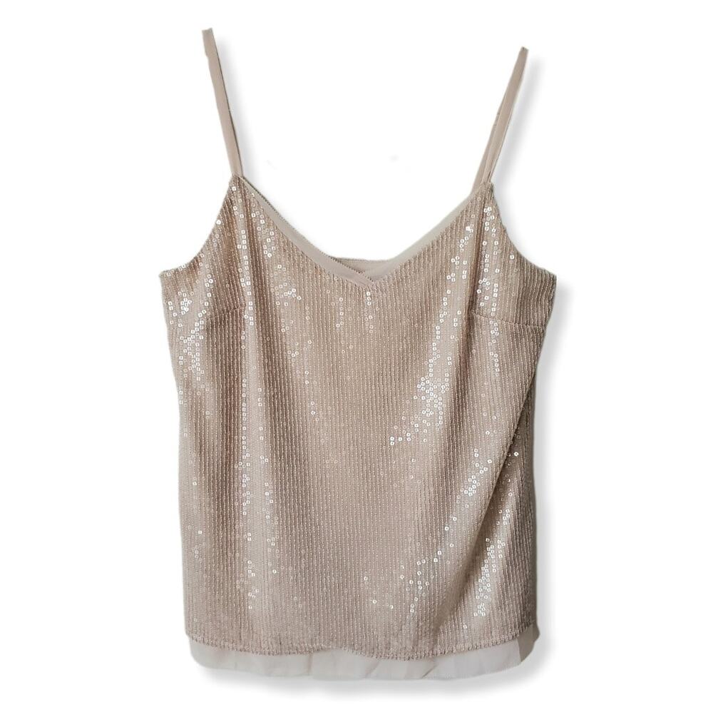WHBM Women Beige Sequin Cami Tank Top S Neutral Coastal Cocktail Sparkle NEW